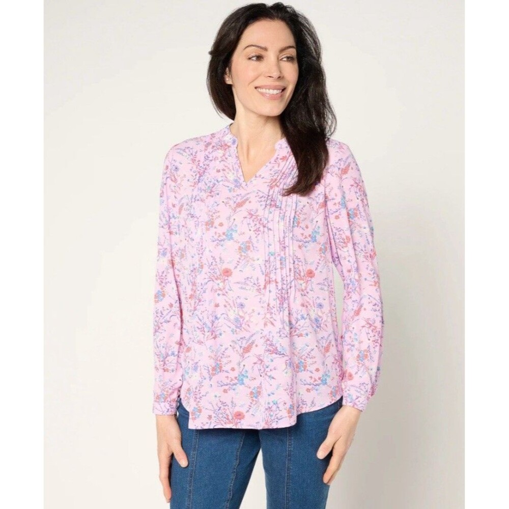Joan Rivers Printed Floral Textured Woven Long Sleeve V-Neck Blouse Lavender 2X
